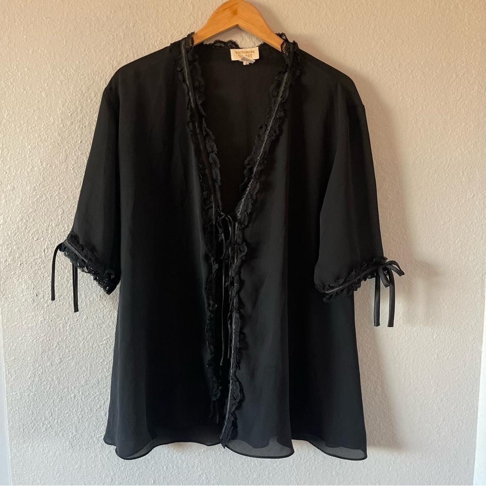 Vintage Victoria's Secret Gold Label Black Velvet Lace Chiffon Robe Size M/L